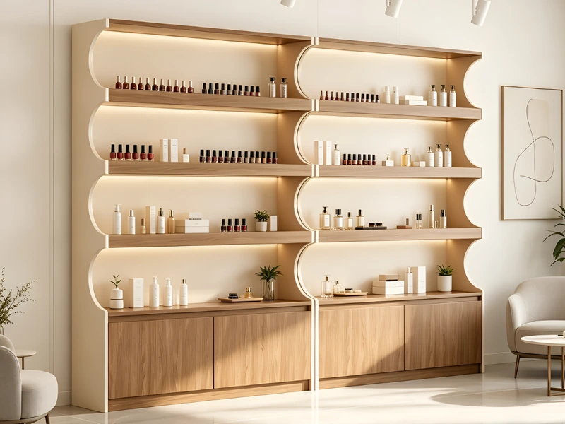 Curved retail display wall with lit shelves and lower storage cabinets