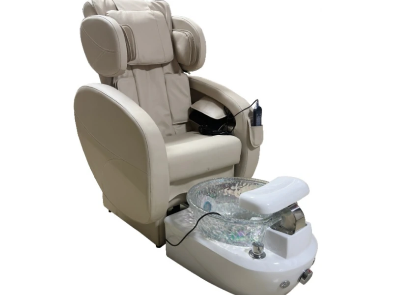 Beige electric pedicure chair with a foot basin and a control panel on the armrest
