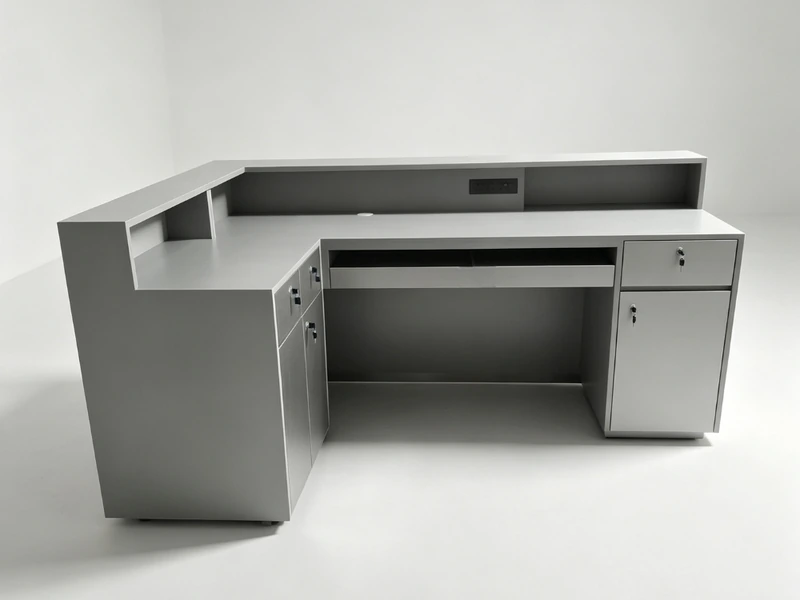 Grey reception desk with a raised counter and open knee space, seen from the front